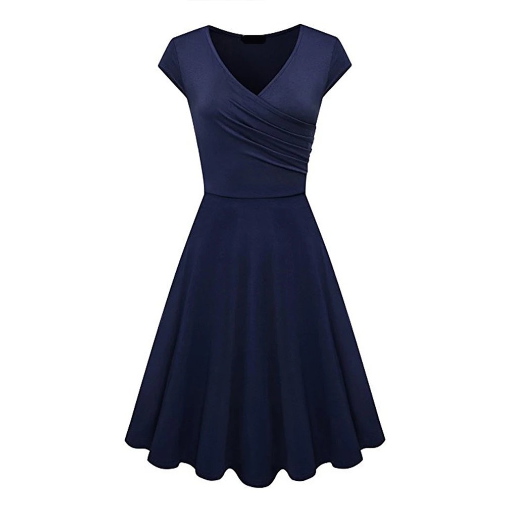 V Neck Short Sleeve Plated Swing Dress